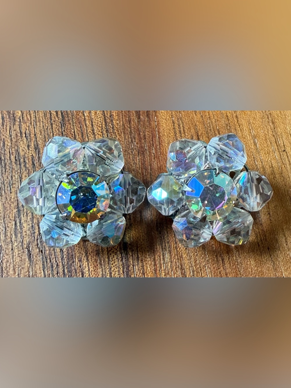 Vintage Crystal Aurora Borealis AB Flower Clip Earrings Cluster Clear Iridescent